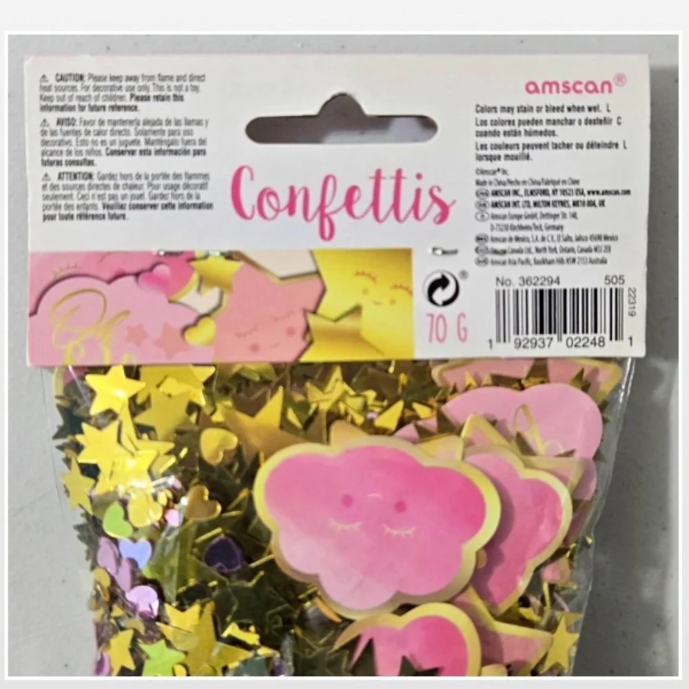 New amscan Confetti Baby Girl Party Gold Stars Hearts Pink Clouds 2.5oz NWT